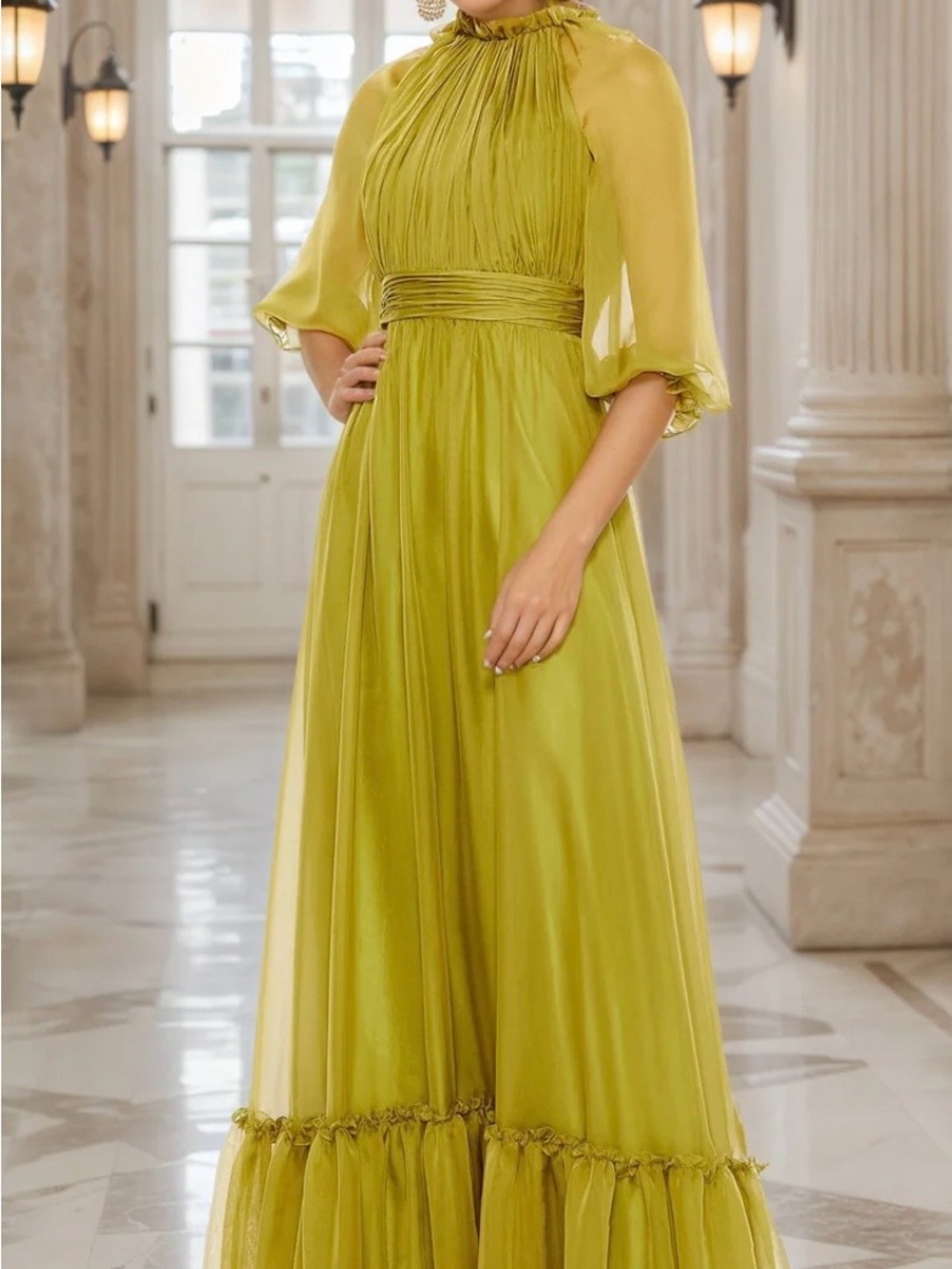 Mac Duggal Olive Green High-Neck Chiffon Maxi Dress size 4